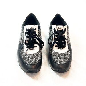 Michael Kors Allie Trainer Sneakers Lace Up Tweed Black White Leather 9.5 M